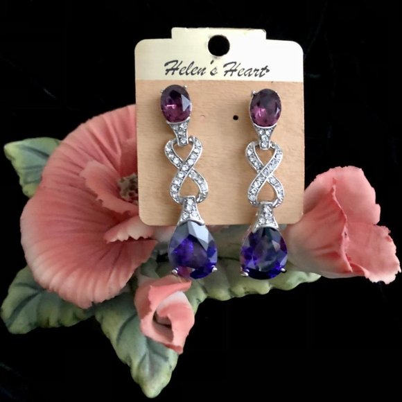 💃 Purple Crystal Earrings & Infinity Design Linked Rhinestones - Picture 1 of 4